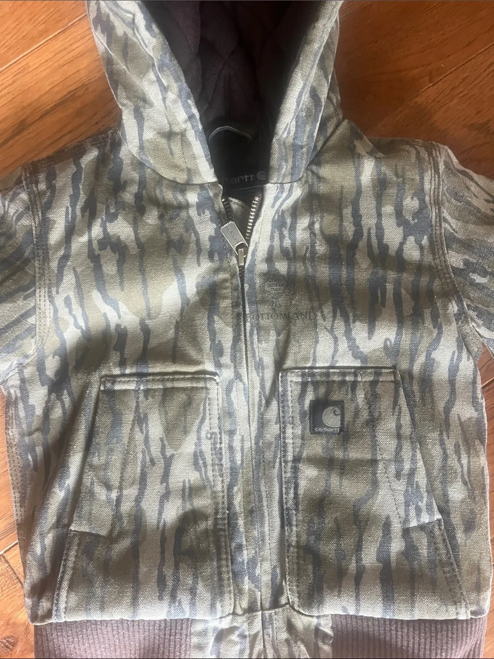 Children’s Carhartt Quilted Brown Hooded Jacket with Camo Trim